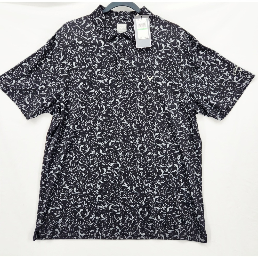 Callaway Opti-Dri Mens‎ Large Golf Polo Shirt Floral Scroll Black Caviar